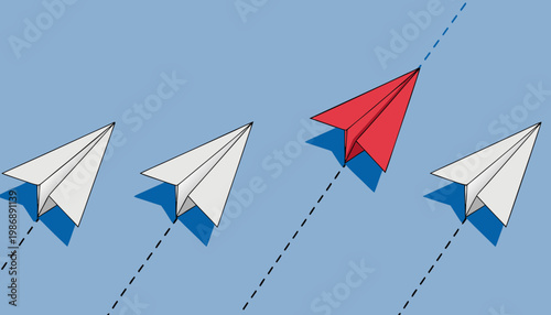 A vector graphic illustration of a red paper airplane leading a group of white paper airplanes in a different direction.