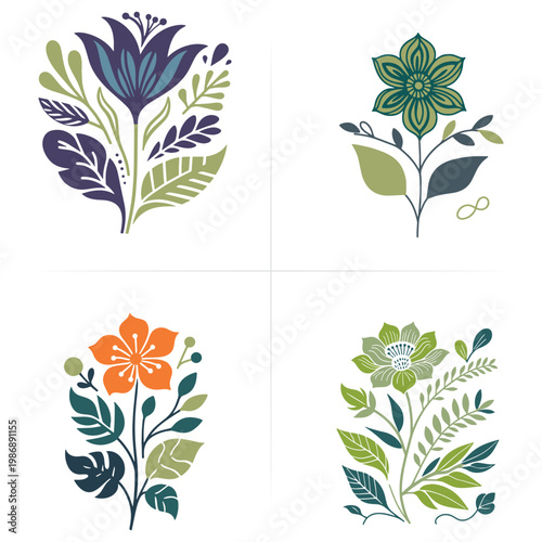 Contemporary Floral Illustration Set with Artistic Botanical Flowers and Minimal Nature Elements