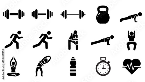 Fitness Solid Icons Set – Gym Workout, Running, Yoga, Cardio Training Vector Collection