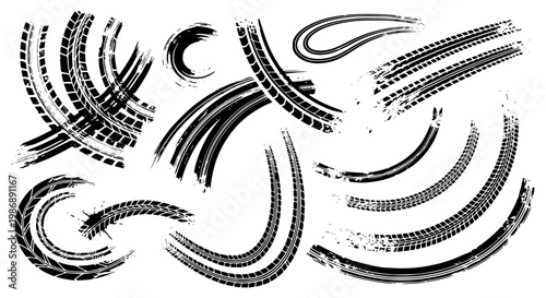 Tire tread marks after skidding, launch, drift, powerslide in motorsport, rally, off-road, motocross. Wheel texture with splash effect. Vector, transparent background SVG version.