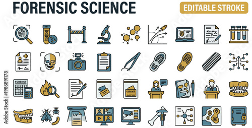 A professional two-tone line icon set featuring 30 forensic science and criminal investigation icons. Includes fingerprint scan magnifier, DNA evidence sample, crime scene tape, forensic lab microscop