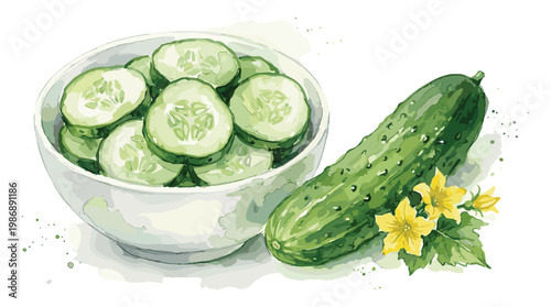 Fresh cucumbers sliced in bowl with whole cucumber and flowers.