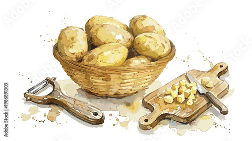 Basket of potatoes with peeler and cutting board watercolor.