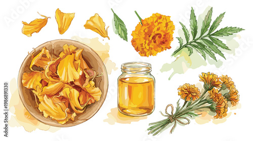 Marigold petals oil jar flowers and leaves watercolor.
