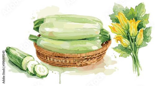 Basket of zucchini squash with flowers and leaves watercolor.