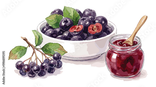 Bowl of aronia berries with jar of jam and wooden spoon.