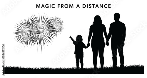 Family silhouetted watching distant fireworks celebration with child pointing