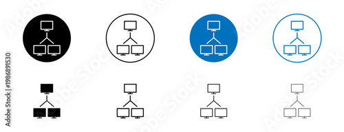 Computer network icons set in black and blue colors on white background