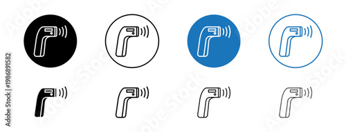 Contactless infrared thermometer icons set in black and blue colors on white background
