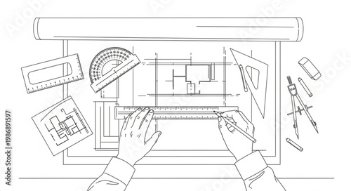 Architect Hands Drafting Technical Building Plan Sketch.