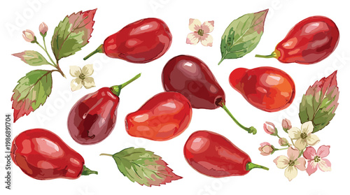 Red dogwood berries with autumn leaves and flowers watercolor vector.