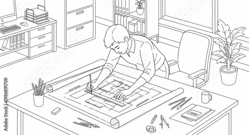 Architect at Drafting Table Working on Blueprints.