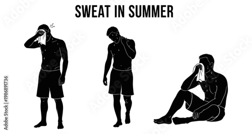 Man wiping sweat from face during hot summer day in three poses