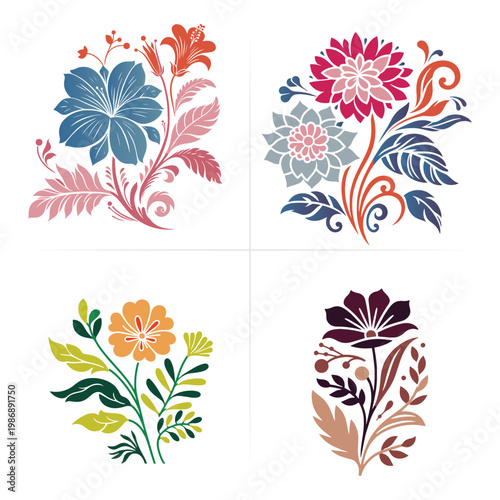 Floral Botanical Illustration Set with Hand Drawn Flowers and Leaves for Modern Design and Textile Use