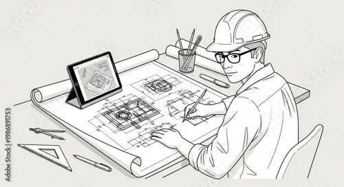 Architect at drafting table with helmet and tablet.