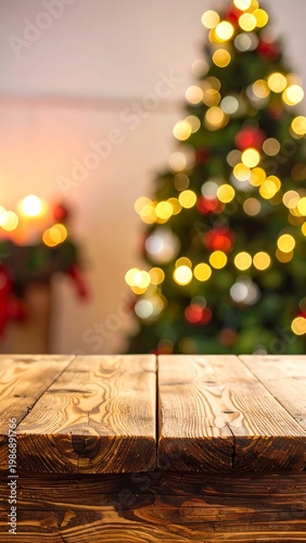 A wooden table in front of a blurred Christmas tree with lights