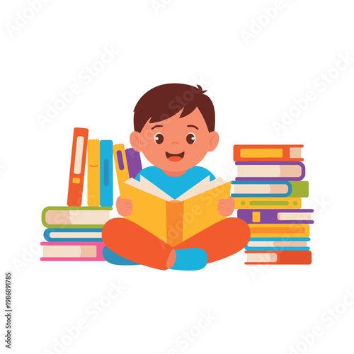 A young boy sitting cross-legged on the floor surrounded by stacks of colorful books and reading one with a happy expression
