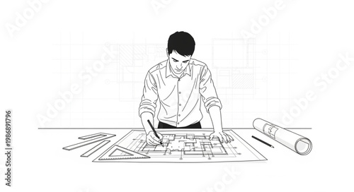 Architect at Drafting Table Working on Blueprints.