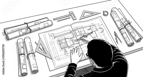 Architect at Desk Drawing Detailed Building Plans.
