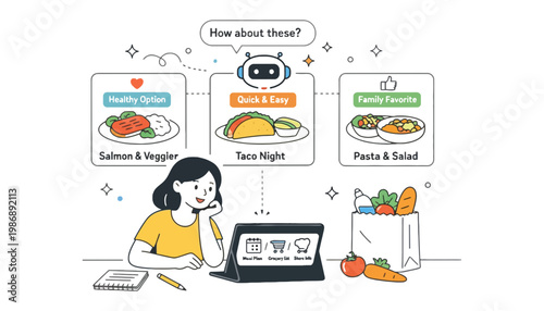 A woman using a laptop for meal planning with food options