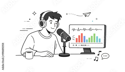 A young man podcasting with a microphone and computer screen showing analytics