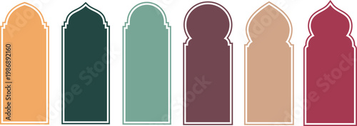 Colorful Islamic Arch Frame Set, Mihrab Shape Collection, Arabic Window Silhouette Vector, Ramadan Eid Mubarak Design Elements, Minimal Modern Islamic Art.
