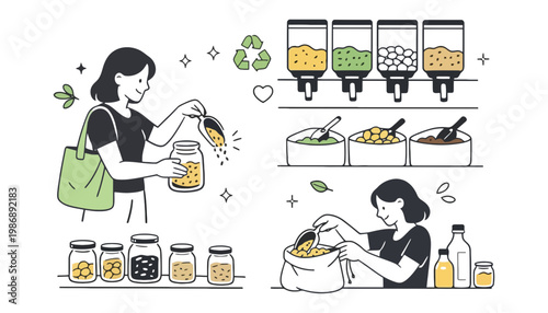 Zero waste shopping with reusable bags and containers illustration