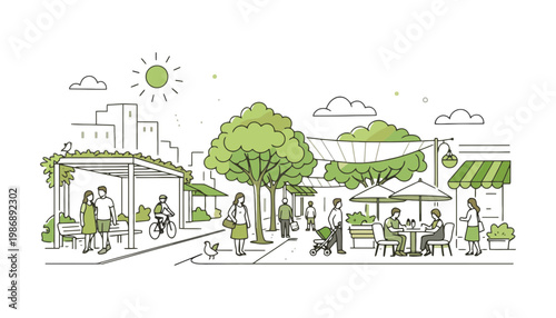 City park vector illustration with people and green trees in urban setting