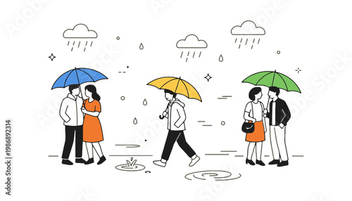 Umbrella vector illustration of people walking in the rain together
