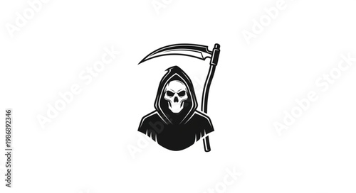 Cloaked Grim Reaper Holding Scythe Skull Face.