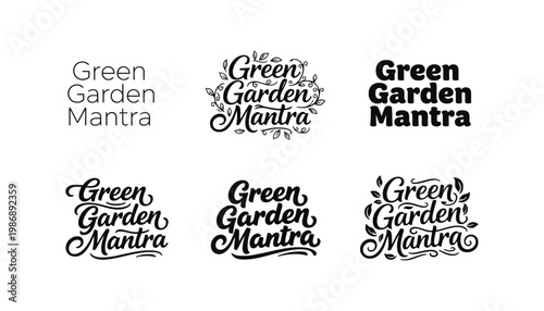 Green Garden Mantra logo designs in various typography styles and illustrations
