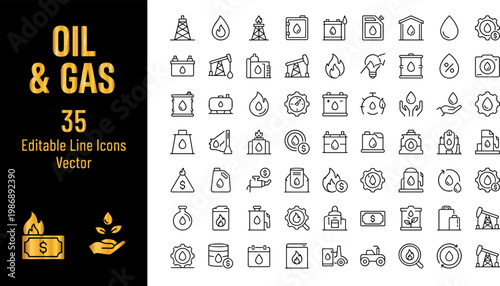 Comprehensive collection of 35 editable oil and gas industry icons in flat design vector format. Ideal for business presentations, infographics, educational materials, and energy sector marketing.