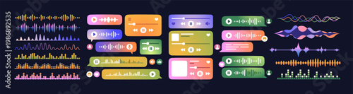 Set of sound waves, voice messages and audio tracks. Music play and pause, players streaming. Audible records, podcasts, soundtrack waveforms. Flat vector illustrations isolated on black background
