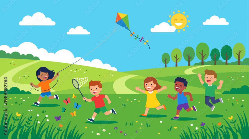 Obraz premium This heartwarming flat design illustration captures the pure joy of children playing outdoors in a sunny midsummer field, embodying the carefree spirit of the season. 