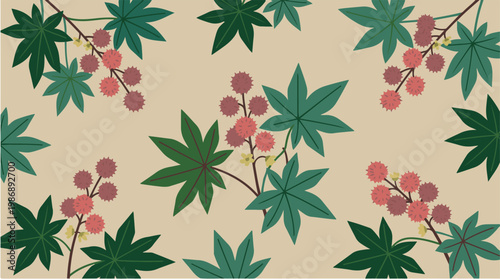 Seamless botanical pattern featuring castor leaves and red seed clusters arranged on a beige background in a decorative vector style.