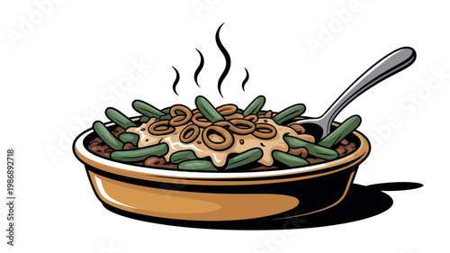 A steaming hot casserole dish filled with green beans and meat