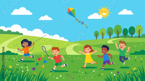 This heartwarming flat design illustration captures the pure joy of children playing outdoors in a sunny midsummer field, embodying the carefree spirit of the season. 
