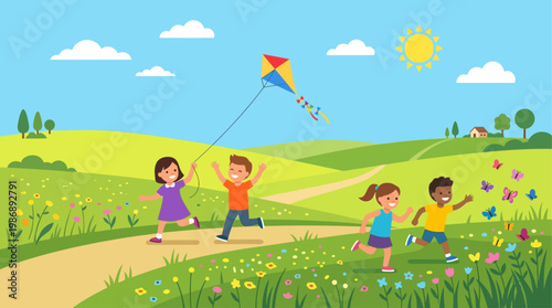 This heartwarming flat design illustration captures the pure joy of children playing outdoors in a sunny midsummer field, embodying the carefree spirit of the season. 