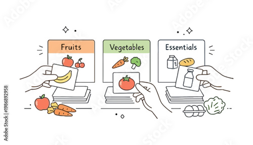 Grocery shopping illustration with hands holding food cards and categorized lists