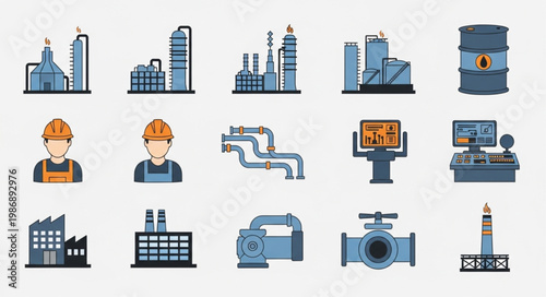 Oil and Gas Industry Icons - Refinery, Worker, and Equipment.