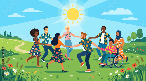 This energetic flat design illustration depicts a diverse group of people joyfully dancing in a vibrant midsummer meadow, celebrating the peak of summer. 