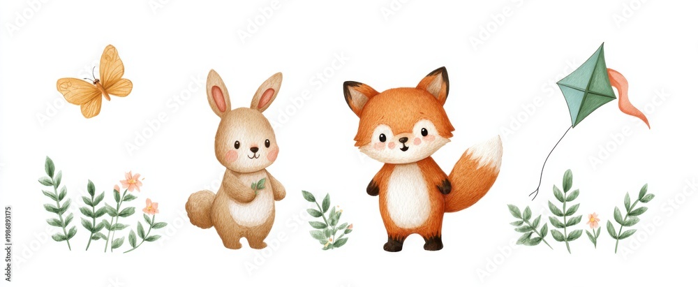Fototapeta premium Delightful spring watercolor set capturing joyful fox rabbit butterfly and kite for playful designs.