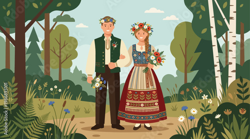 This elegant flat design illustration showcases individuals adorned in stylized traditional midsummer folk costumes, highlighting cultural heritage and festive attire.