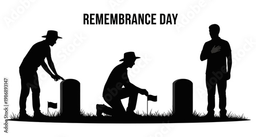 Remembrance Day silhouettes paying respects at graves with flags and solemn gestures