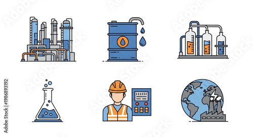 Oil and Gas Industry Icons - Refinery, Barrel, Lab, Worker, Globe.