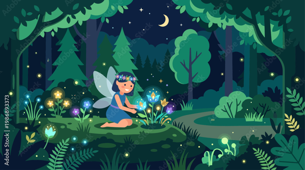 Naklejka premium This enchanting flat design illustration brings to life whimsical midsummer folklore, featuring magical elements like a fairy or gnome and glowing flowers in a forest clearing. 
