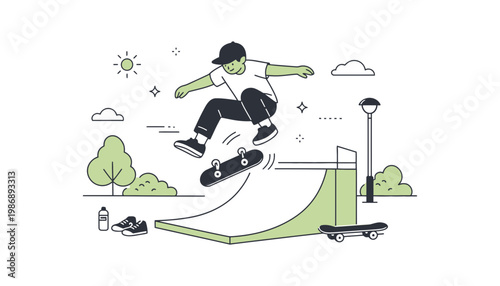 A skateboarder performs a trick on a ramp in a park