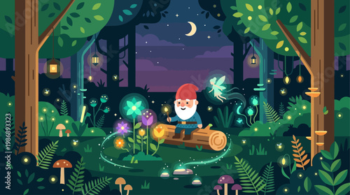 This enchanting flat design illustration brings to life whimsical midsummer folklore, featuring magical elements like a fairy or gnome and glowing flowers in a forest clearing. 