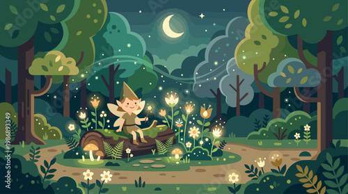 This enchanting flat design illustration brings to life whimsical midsummer folklore, featuring magical elements like a fairy or gnome and glowing flowers in a forest clearing. 