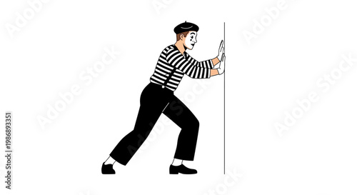 Mime artist in striped shirt pushing an invisible wall.